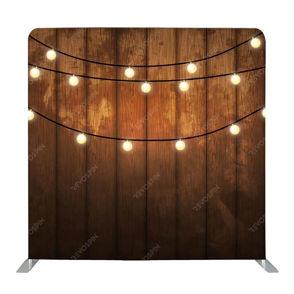 String Light on Rustic Wood Tension Backdrop - VS Booths 360